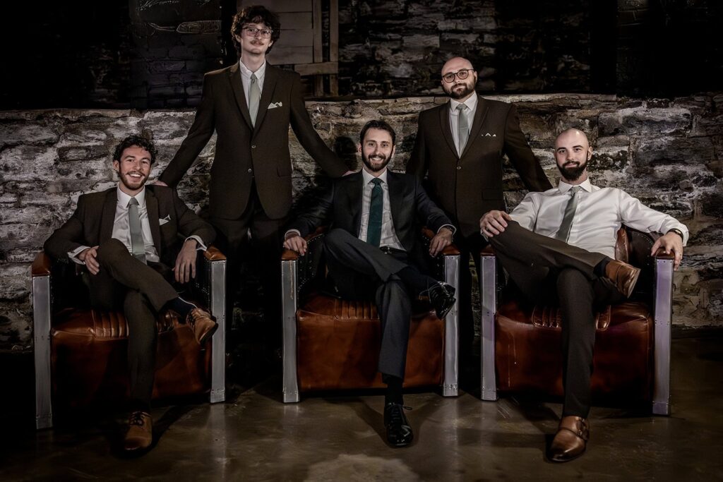 groomsmen group photo at semple mansion during getting ready time