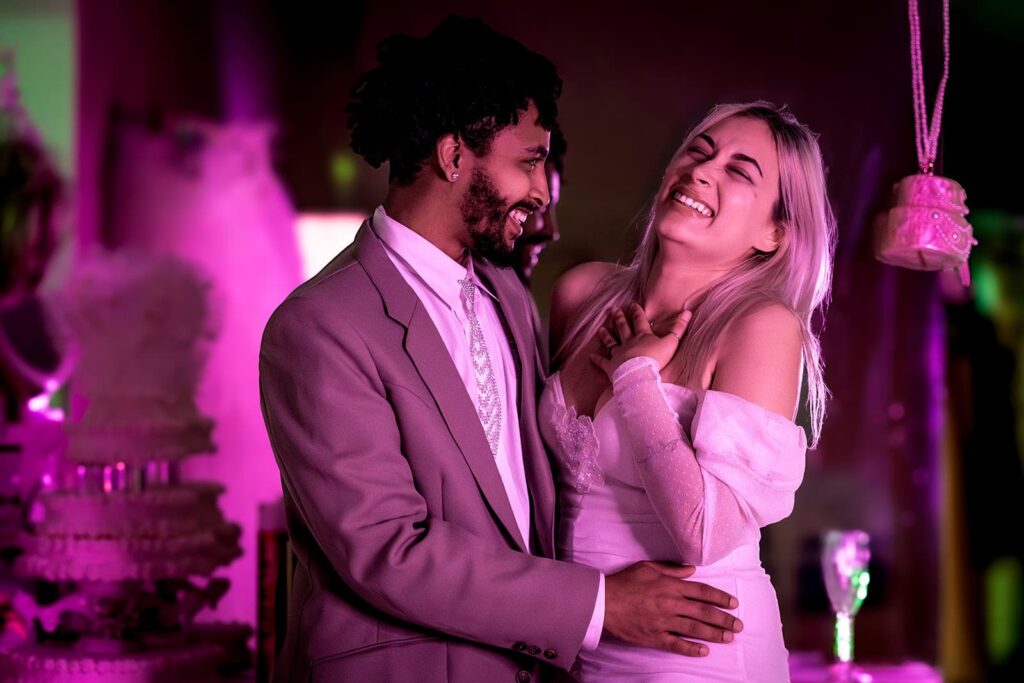 couple portraits inside the garter toss wedding chapel styled shoot