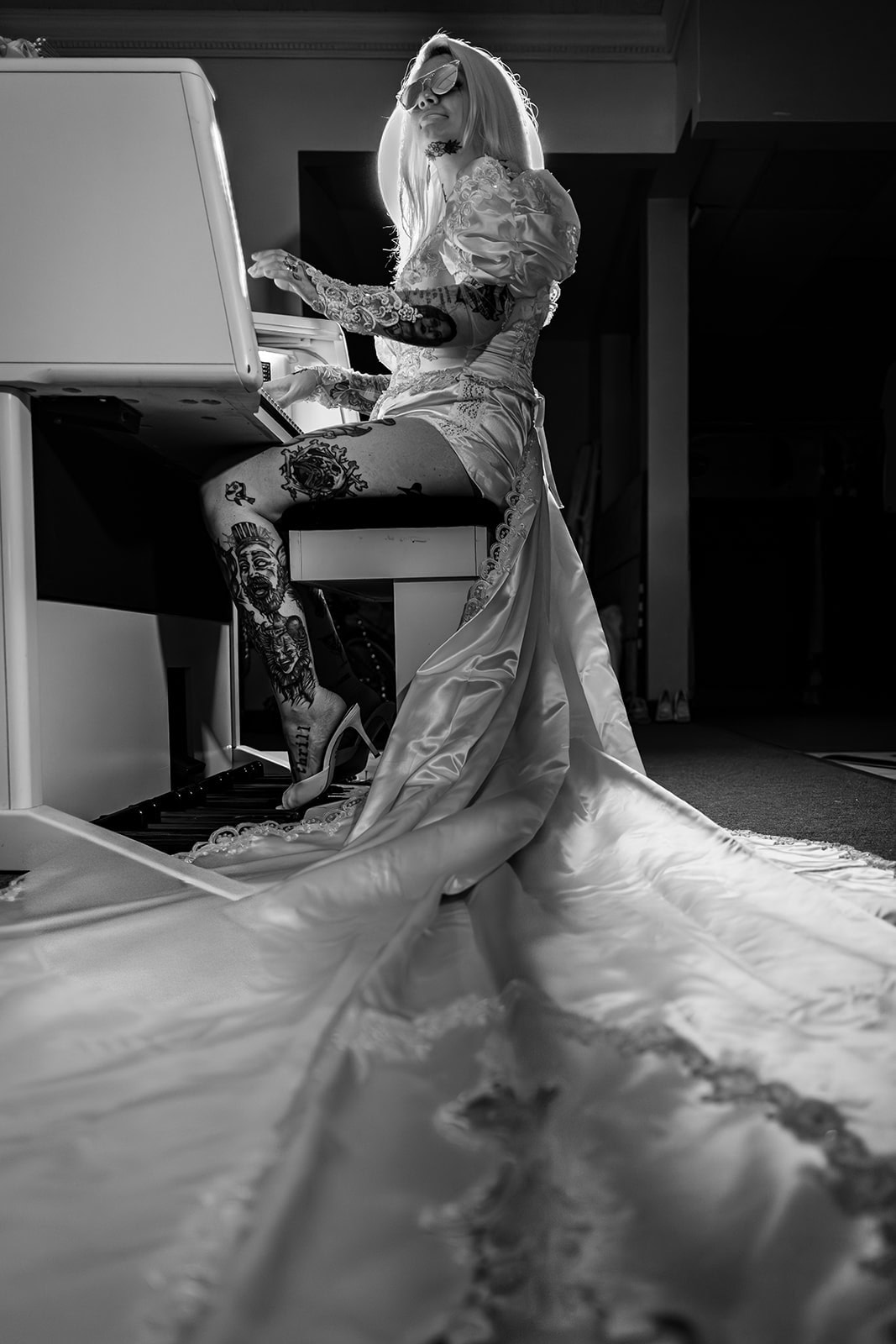 creative wedding shoot showcasing the garter toss and the fashion club gowns