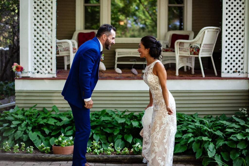 bride and groom after their first look at their backyard wedding in st paul, mn