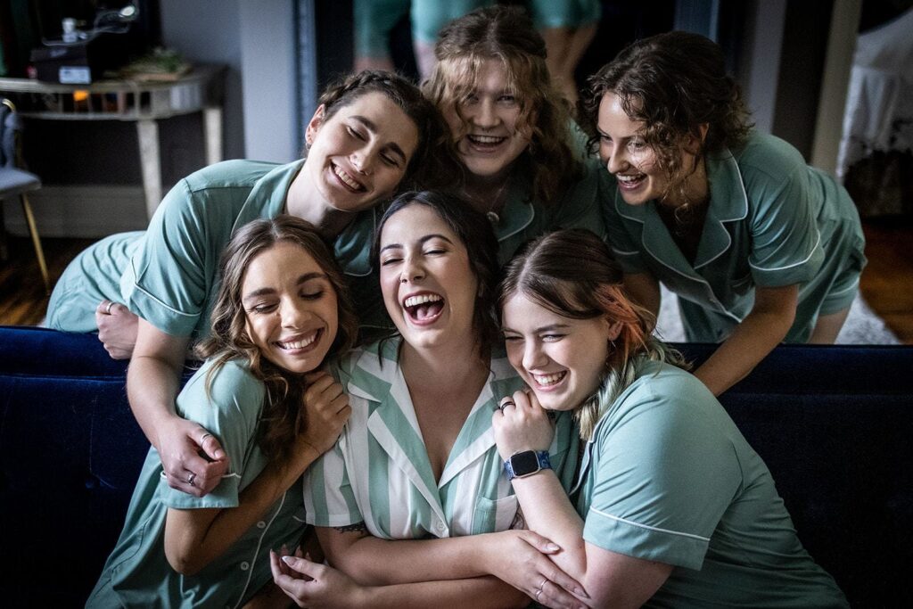 bride and bridesmaids getting ready moments during semple mansion wedding day