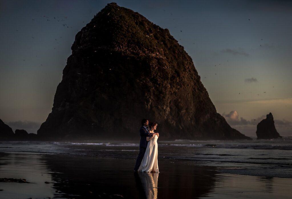 cannon beach wedding portraits of bride and groom