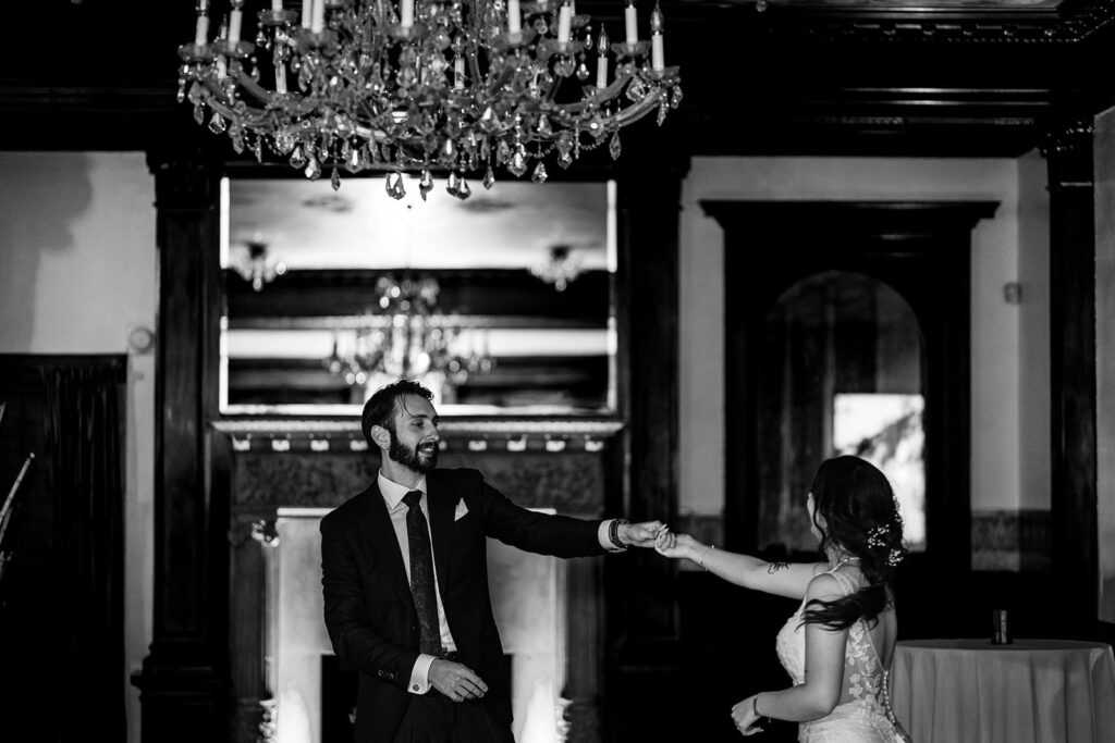 dancing photo of bride and groom at their semple mansion wedding in minneapolis