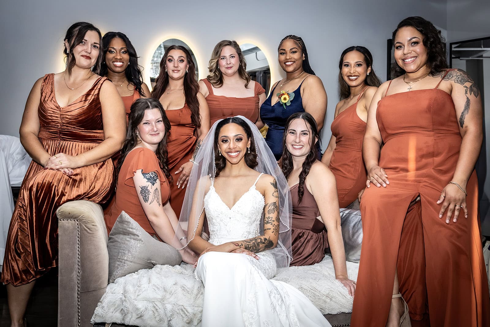 Bride with bridesmaids in a historic Minneapolis wedding venue.