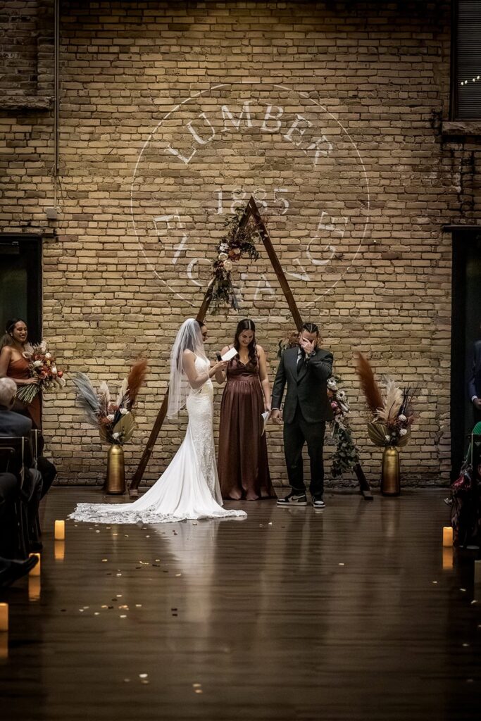 Bride and groom exchanging vows in Minneapolis, Minnesota.
