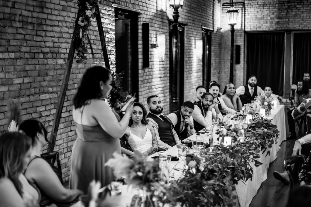 speeches during Lumber Exchange Event Center wedding reception