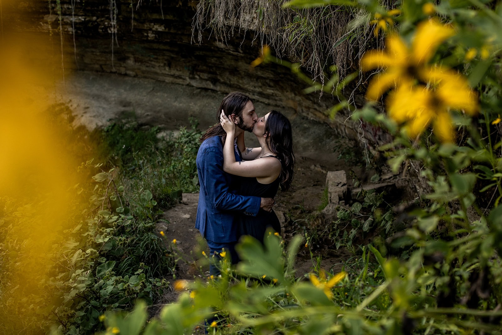 Late afternoon golden light engagement portraits at Minnehaha Falls