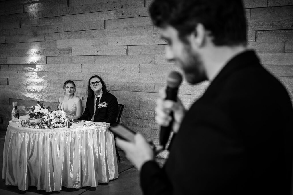 black and white photo of speeches at st paul wedding