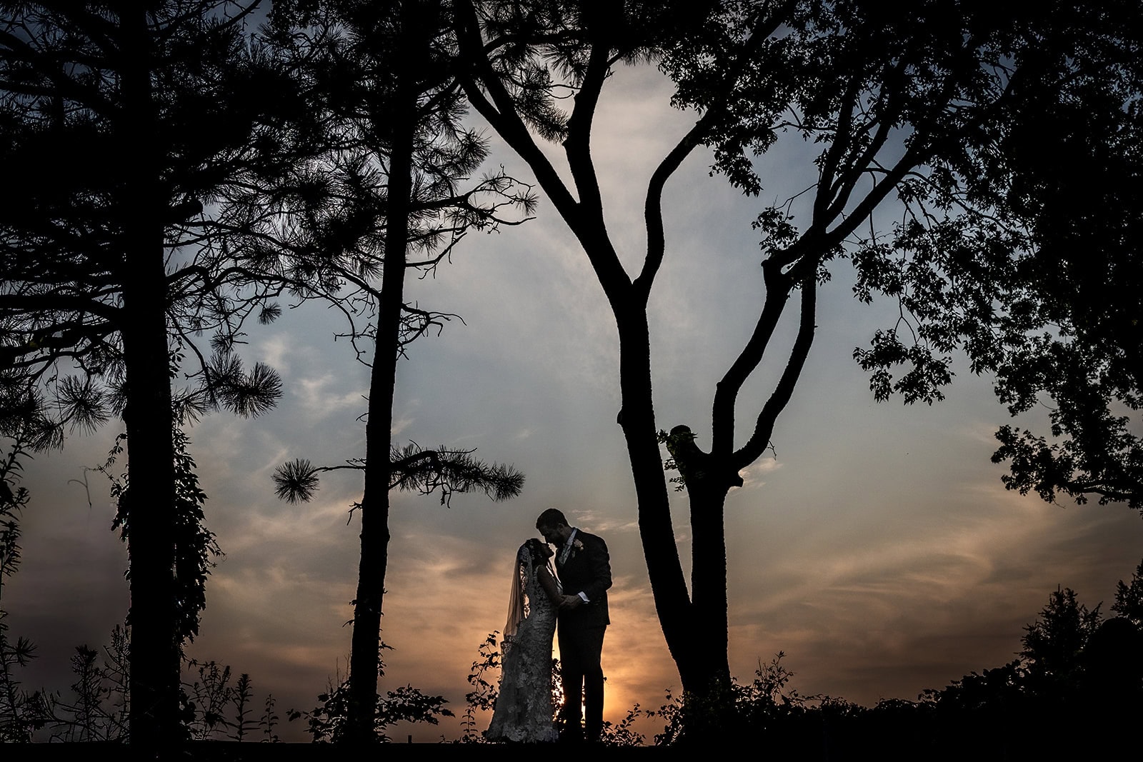 dramatic portrait of bride and groom in front of minnesota skyline