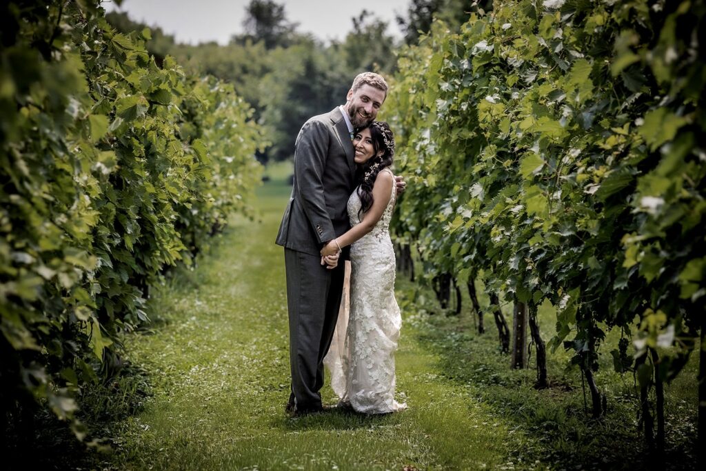 Bride and groom portraits in golden summer light at Gardens of Castle Rock