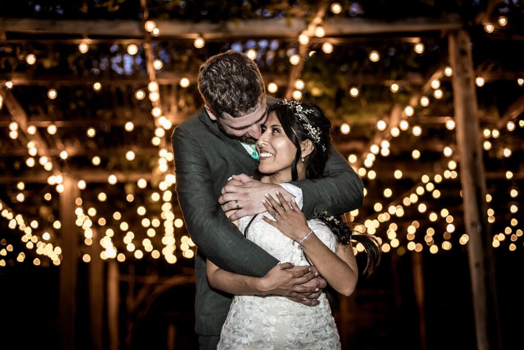 nighttime portraits at gardens of castle rock wedding